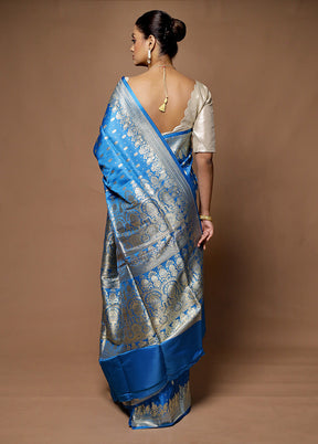 Blue Handloom Banarasi Pure Silk Saree With Blouse Piece