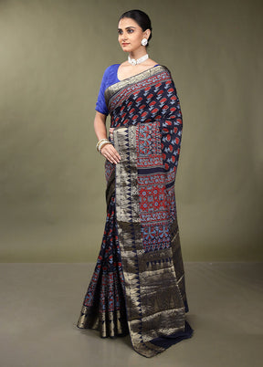 Black Chanderi Cotton Saree With Blouse Piece