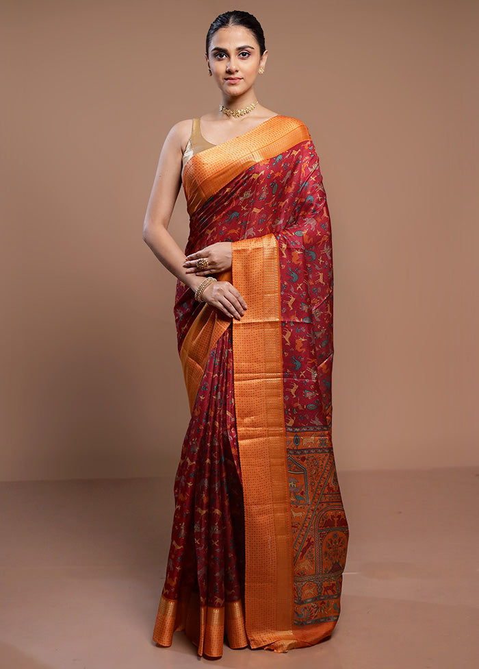 Red Printed Pure Silk Saree Without Blouse Piece