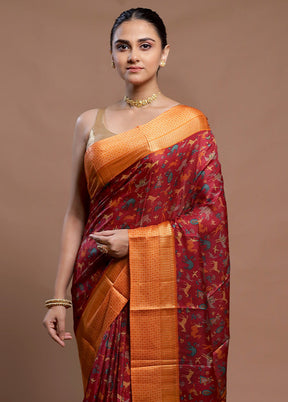 Red Printed Pure Silk Saree Without Blouse Piece