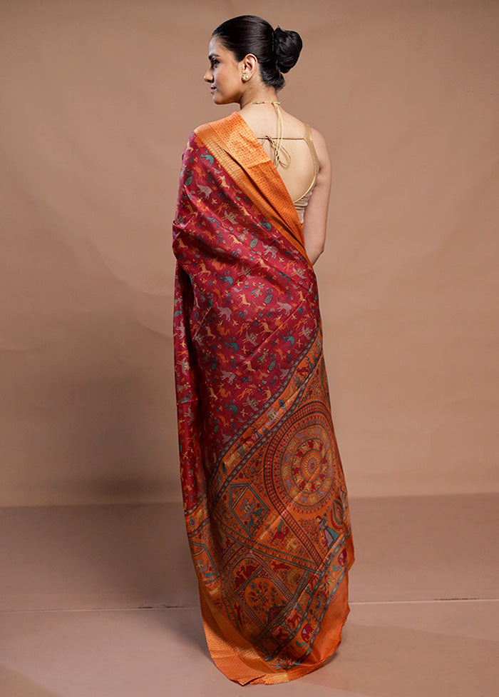 Red Printed Pure Silk Saree Without Blouse Piece