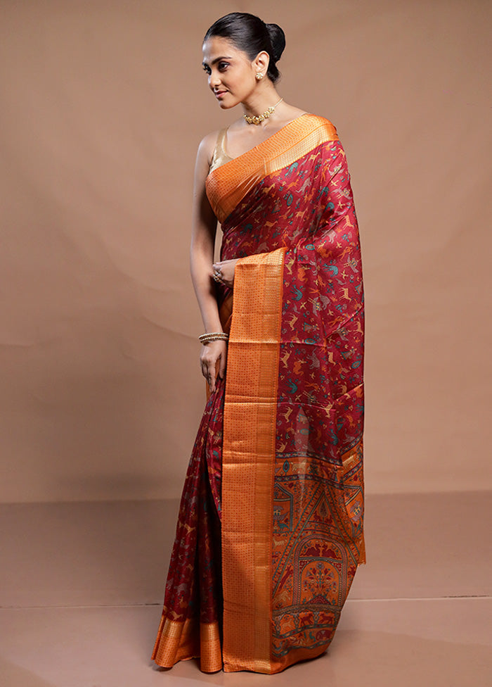 Red Printed Pure Silk Saree Without Blouse Piece
