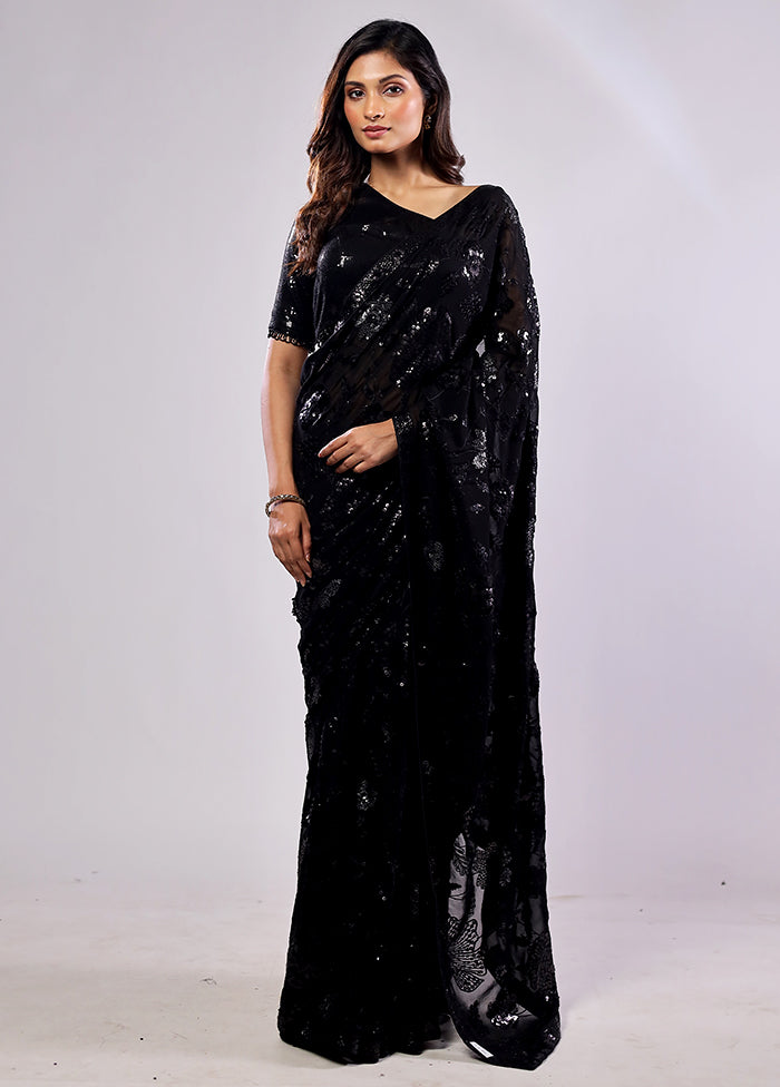 Black Handloom Pure Georgette Saree With Blouse Piece