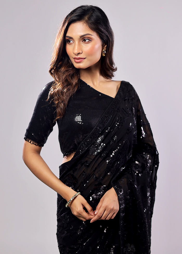 Black Handloom Pure Georgette Saree With Blouse Piece