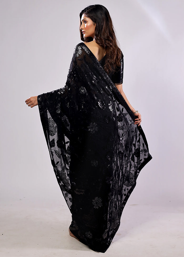 Black Handloom Pure Georgette Saree With Blouse Piece