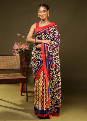 Multicolor Handloom Kantha Stitch Pure Silk Saree With Blouse Piece