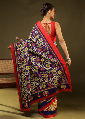 Multicolor Handloom Kantha Stitch Pure Silk Saree With Blouse Piece