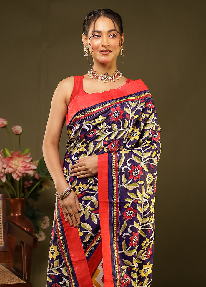 Multicolor Handloom Kantha Stitch Pure Silk Saree With Blouse Piece