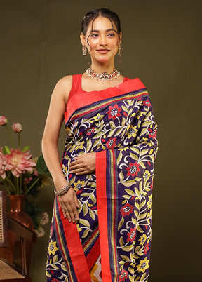 Multicolor Handloom Kantha Stitch Pure Silk Saree With Blouse Piece