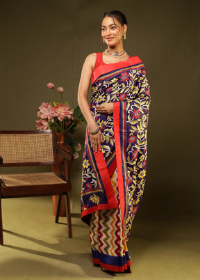 Multicolor Handloom Kantha Stitch Pure Silk Saree With Blouse Piece