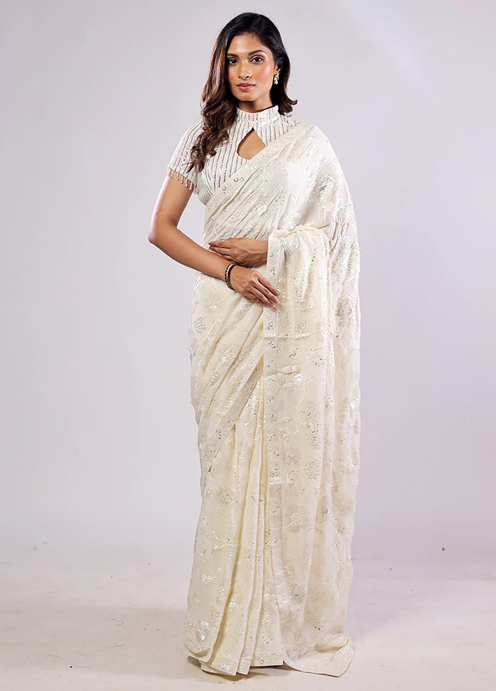 White Handloom Pure Georgette Saree With Blouse Piece