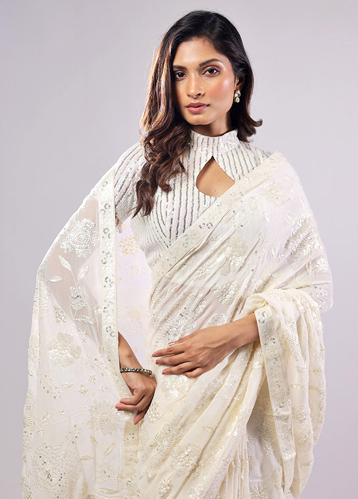 White Handloom Pure Georgette Saree With Blouse Piece