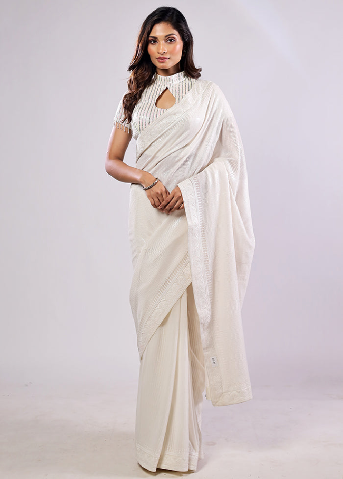 White Georgette Saree With Blouse Piece
