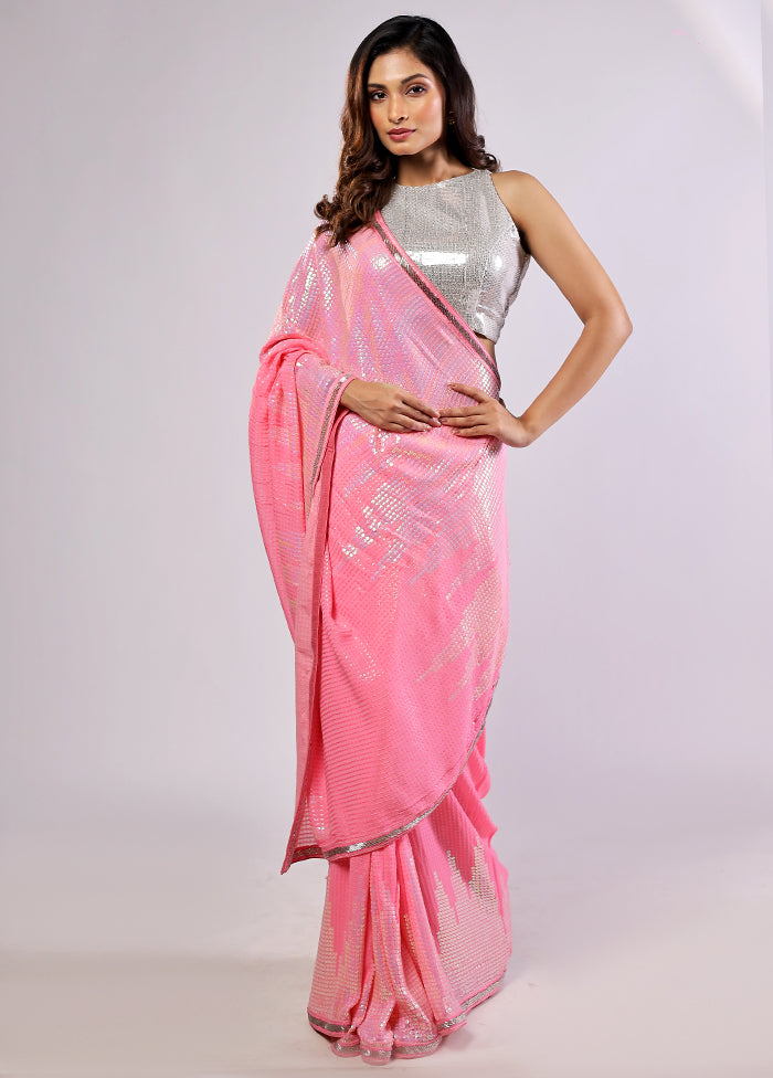 Pink Handloom Pure Georgette Saree With Blouse Piece