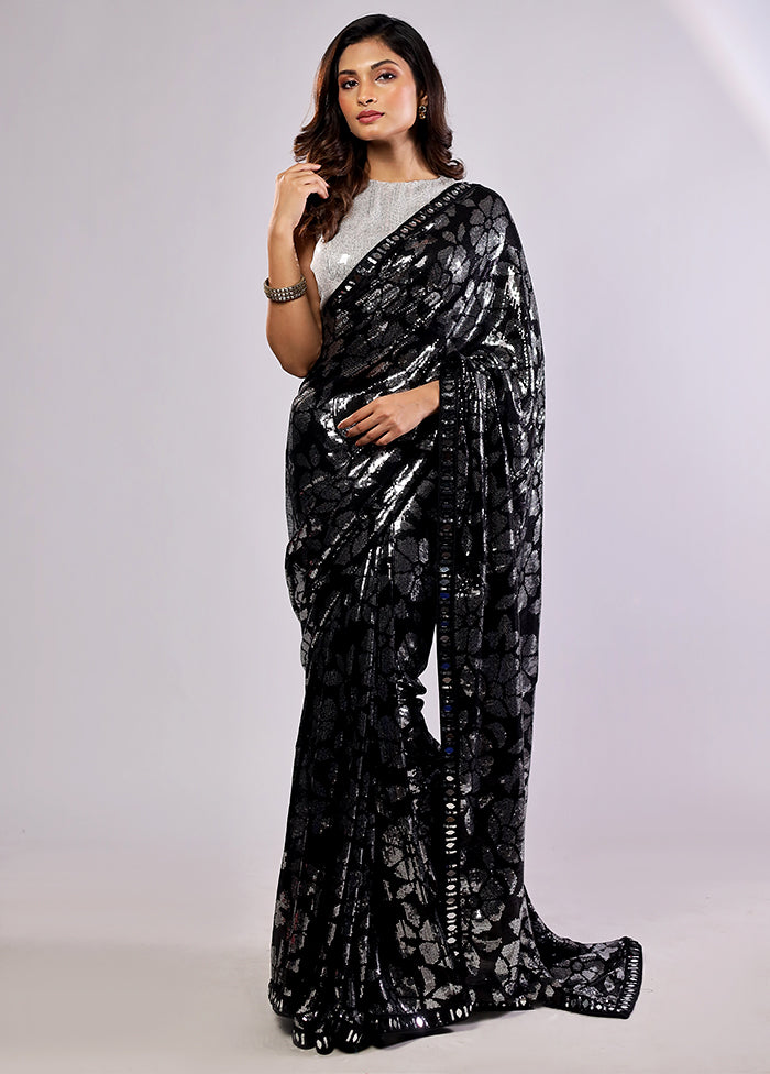 Black Handloom Pure Georgette Saree With Blouse Piece