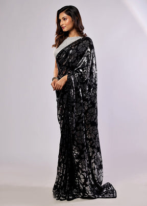 Black Handloom Pure Georgette Saree With Blouse Piece