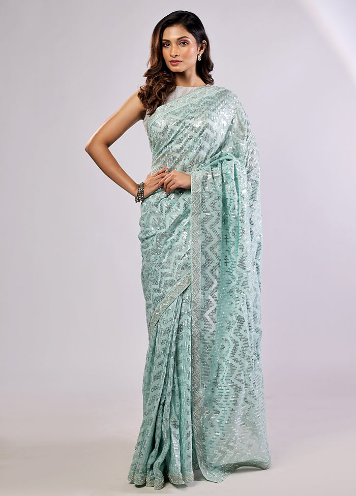 Green Handloom Pure Georgette Saree With Blouse Piece