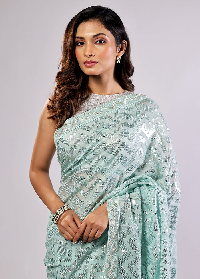 Green Handloom Pure Georgette Saree With Blouse Piece