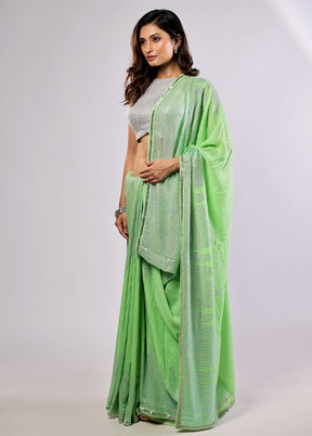 Green Handloom Pure Georgette Saree With Blouse Piece