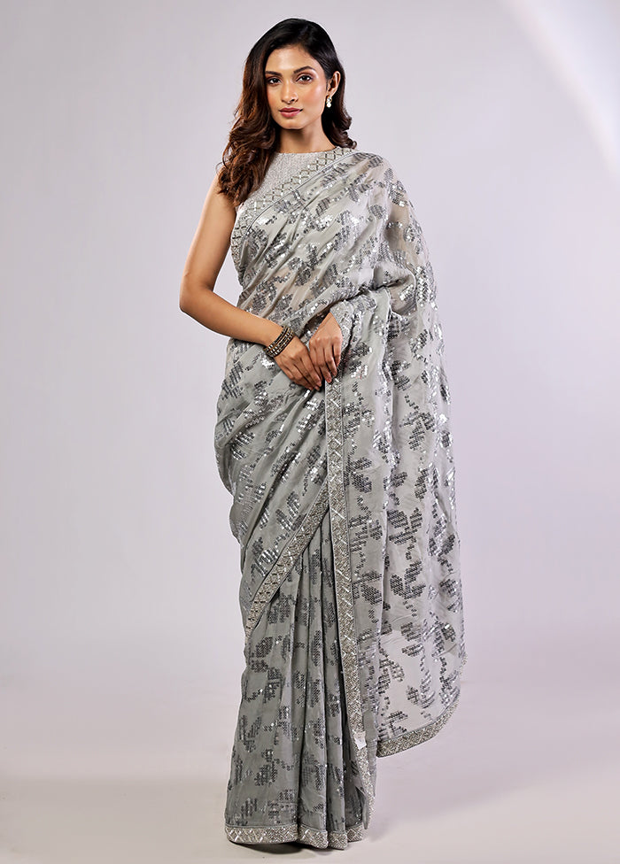 Grey Handloom Pure Georgette Saree With Blouse Piece
