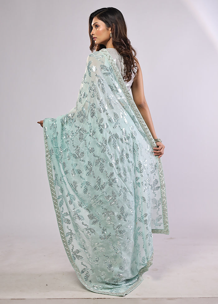 Green Handloom Pure Georgette Saree With Blouse Piece