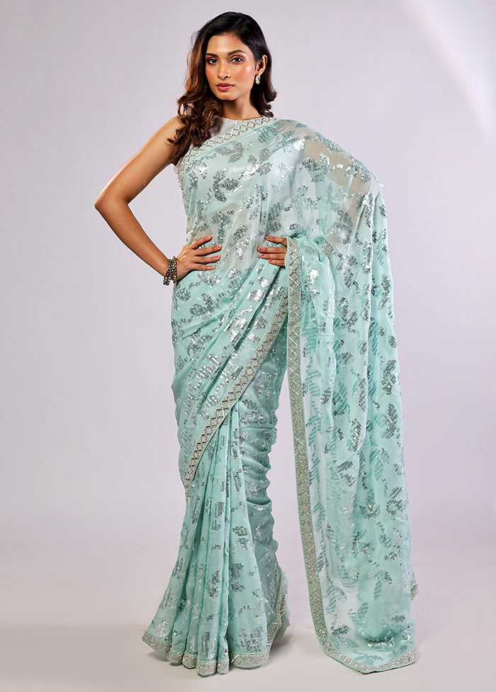 Green Handloom Pure Georgette Saree With Blouse Piece