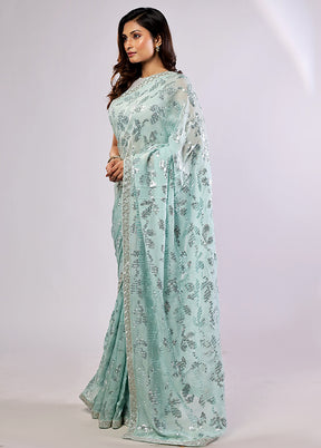 Green Handloom Pure Georgette Saree With Blouse Piece