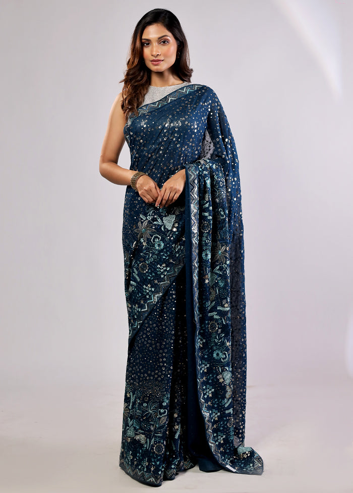 Blue Handloom Pure Georgette Saree With Blouse Piece