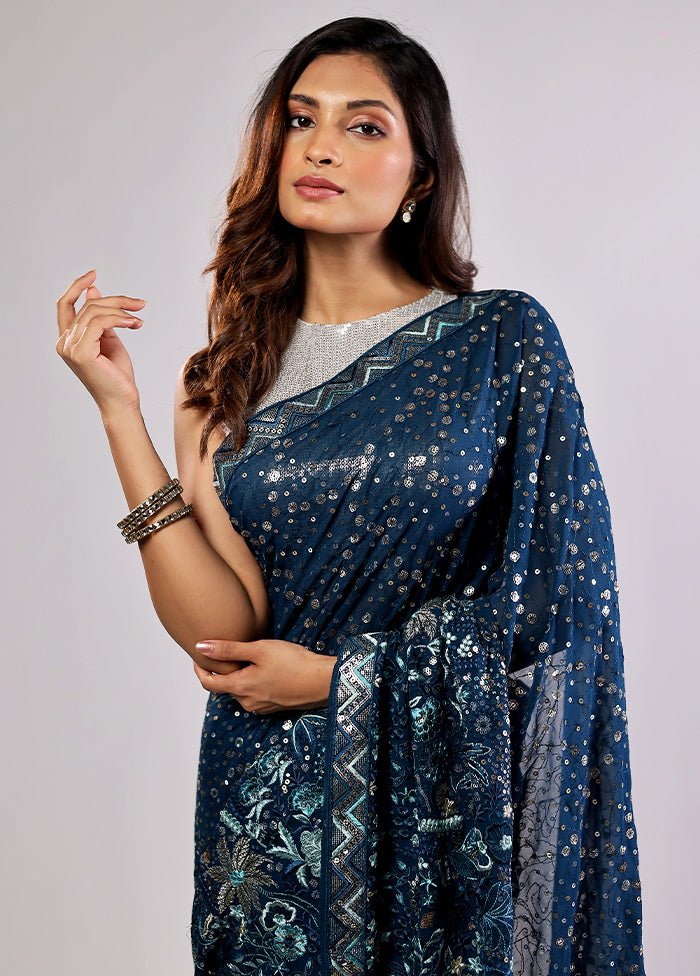Blue Handloom Pure Georgette Saree With Blouse Piece