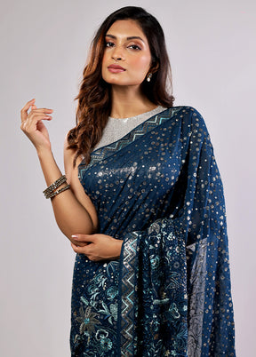 Blue Handloom Pure Georgette Saree With Blouse Piece