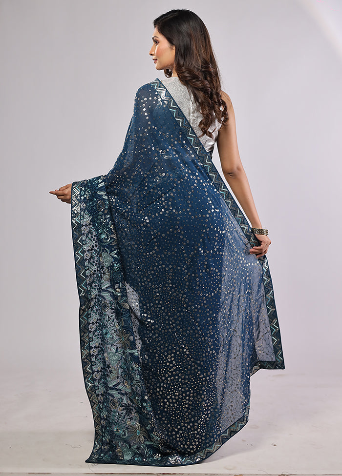Blue Handloom Pure Georgette Saree With Blouse Piece