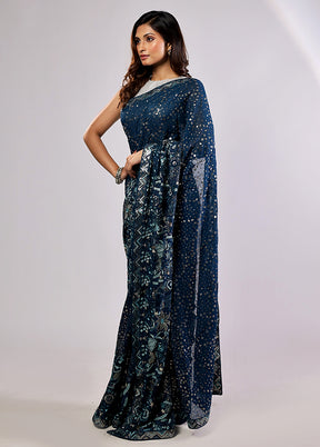 Blue Handloom Pure Georgette Saree With Blouse Piece