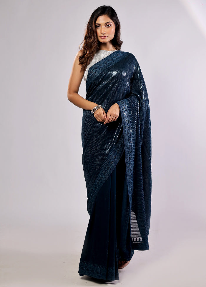 Blue Georgette Saree With Blouse Piece