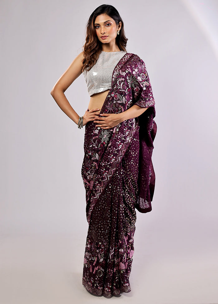 Purple Handloom Pure Georgette Saree With Blouse Piece