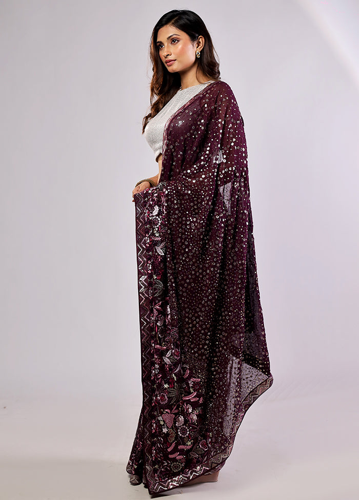 Purple Handloom Pure Georgette Saree With Blouse Piece