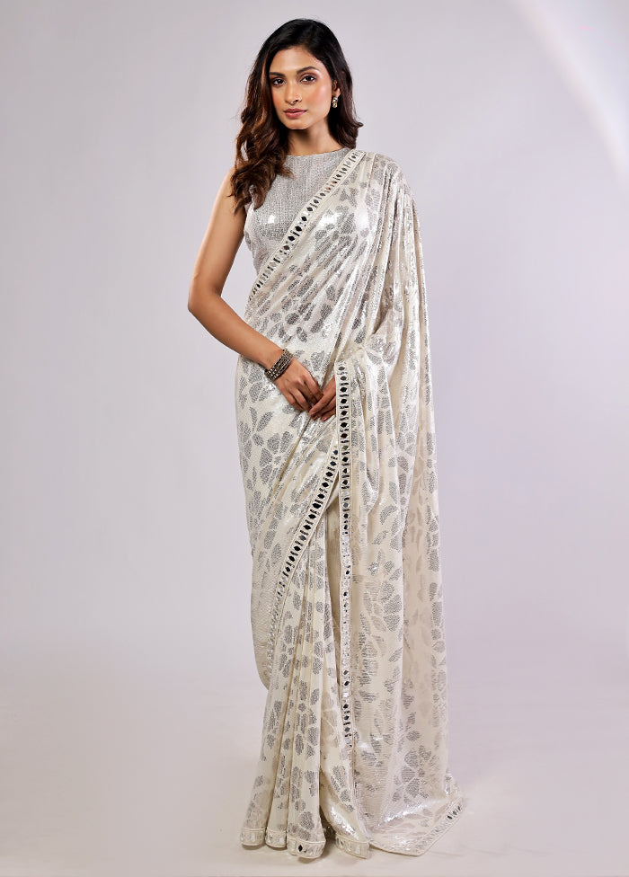 White Handloom Pure Georgette Saree With Blouse Piece