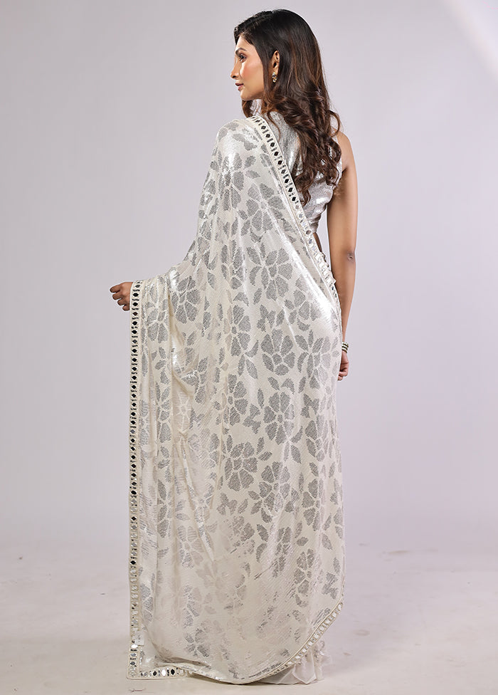 White Handloom Pure Georgette Saree With Blouse Piece