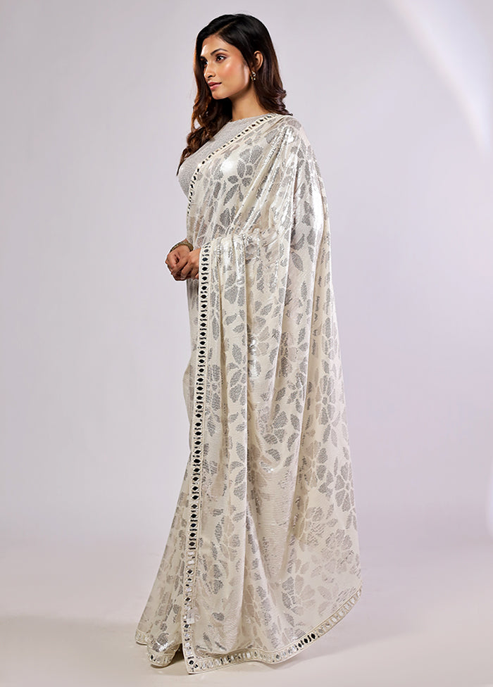White Handloom Pure Georgette Saree With Blouse Piece