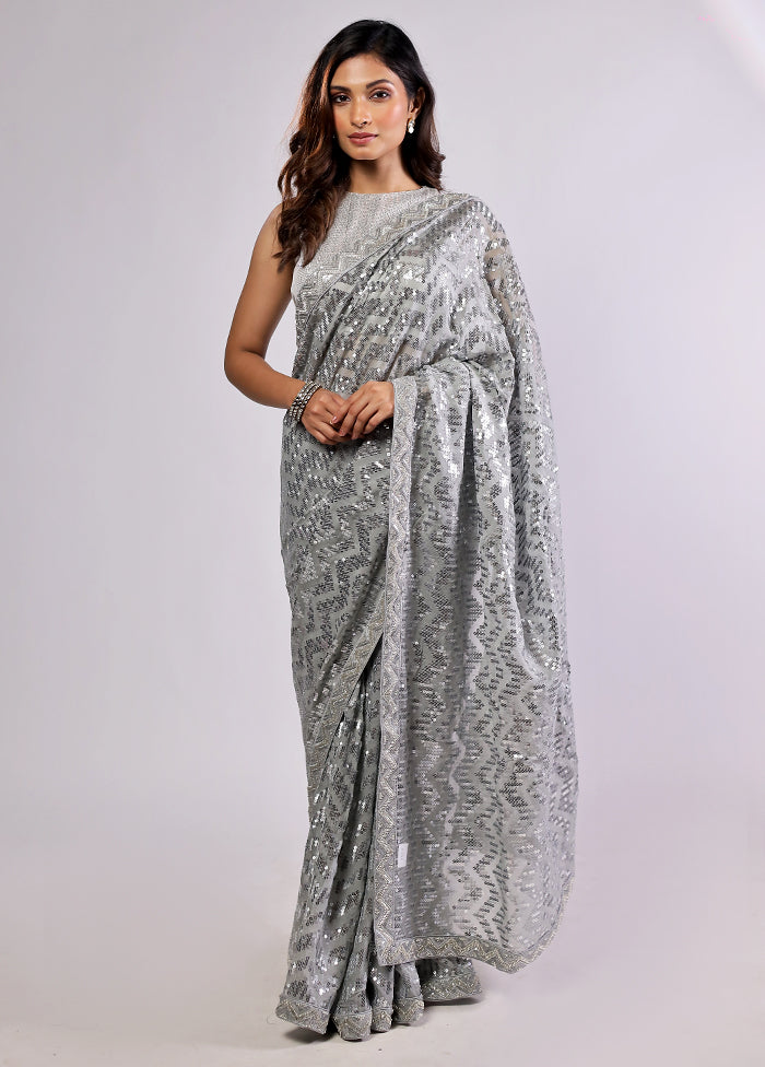 Grey Handloom Pure Georgette Saree With Blouse Piece