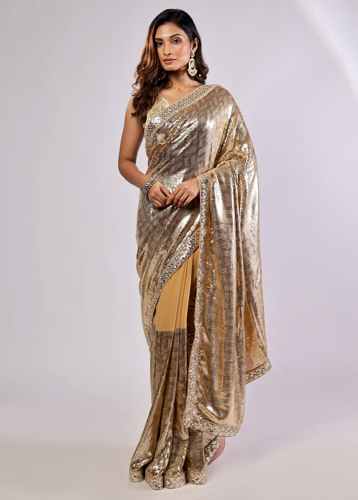 Gold Handloom Pure Georgette Saree With Blouse Piece