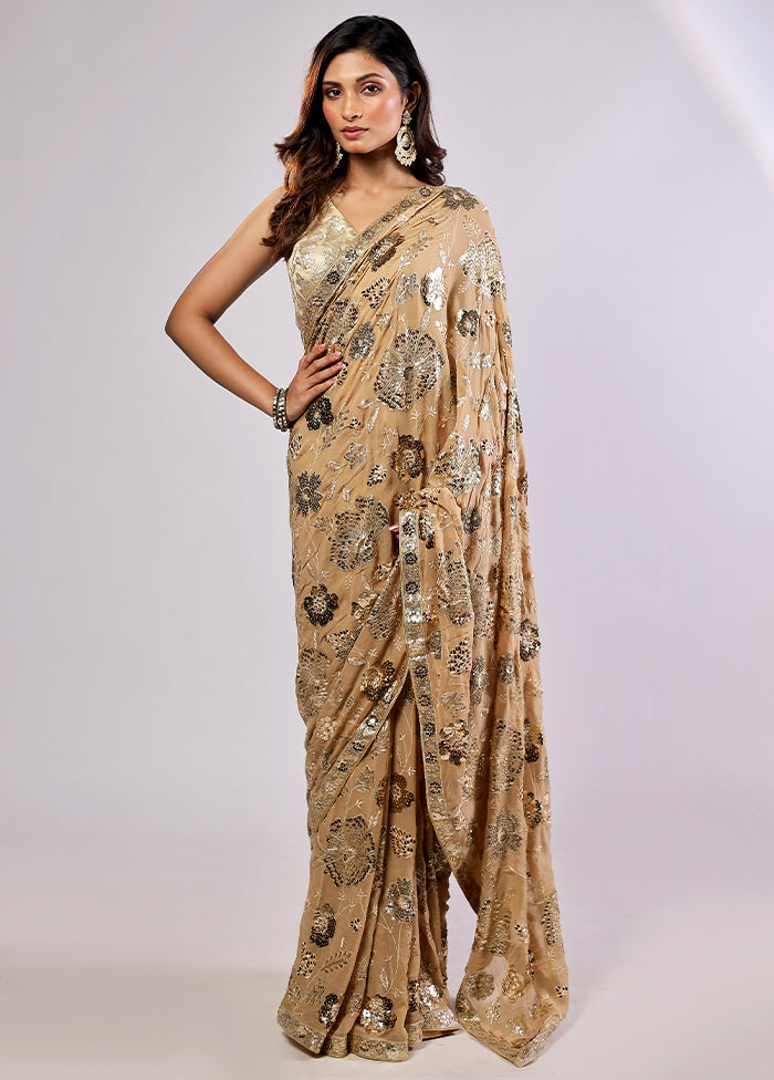 Cream Handloom Pure Georgette Saree With Blouse Piece