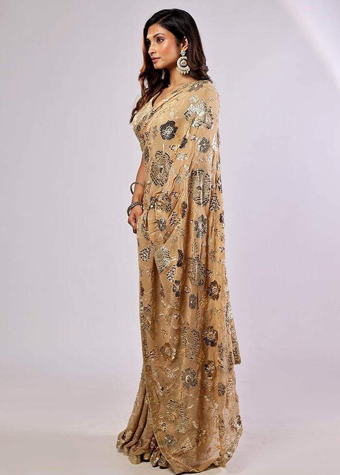 Cream Handloom Pure Georgette Saree With Blouse Piece
