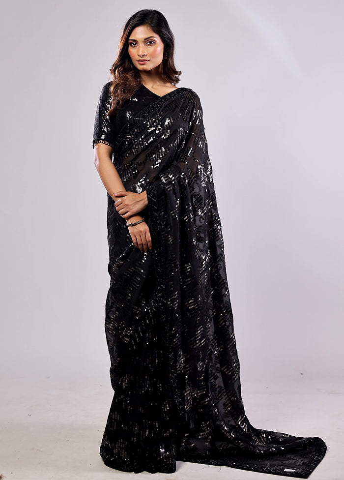 Black Handloom Pure Georgette Saree With Blouse Piece