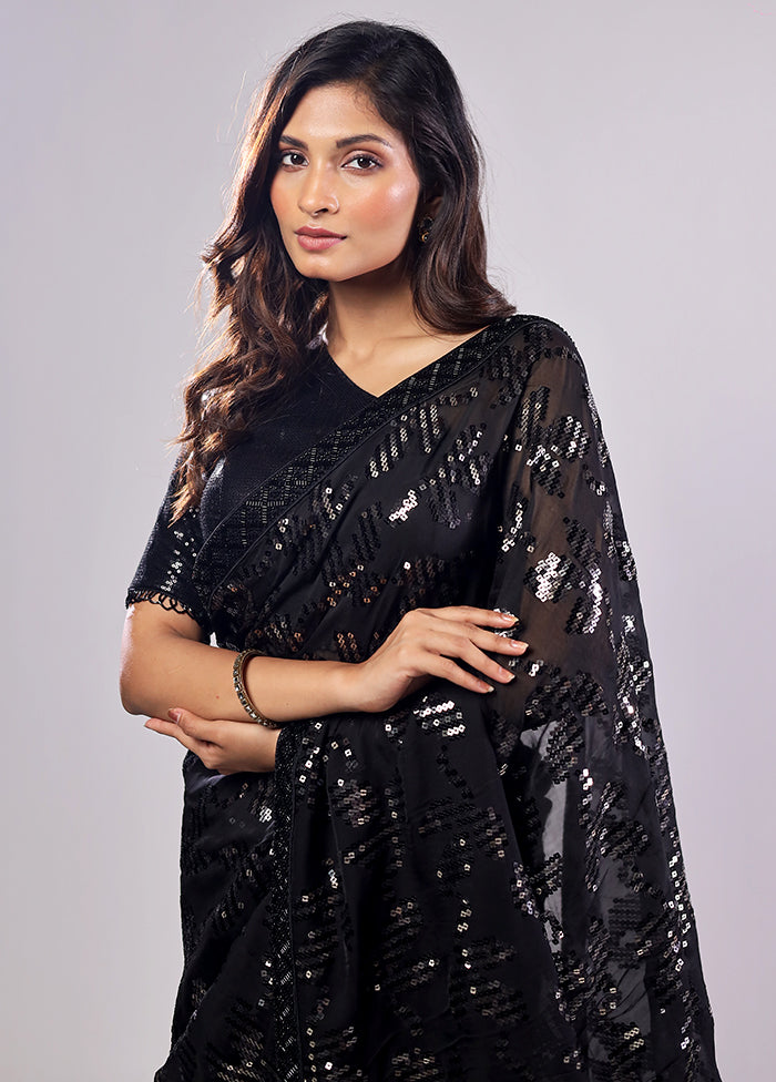 Black Handloom Pure Georgette Saree With Blouse Piece