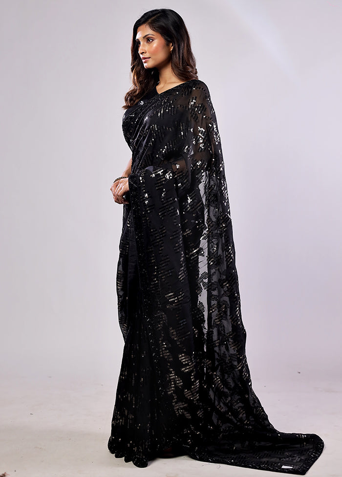 Black Handloom Pure Georgette Saree With Blouse Piece