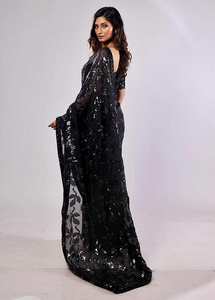 Black Handloom Pure Georgette Saree With Blouse Piece