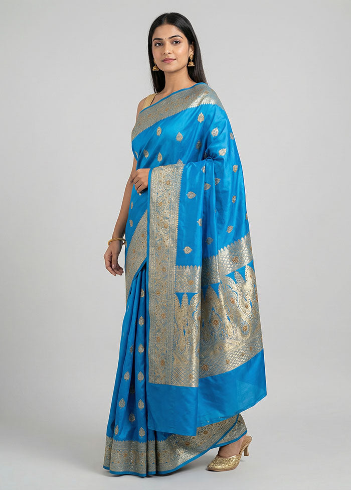 Blue Banarasi Silk Saree With Blouse Piece