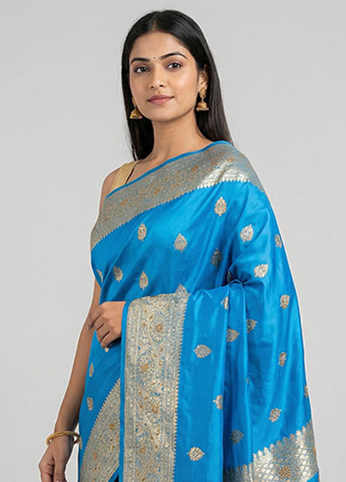 Blue Banarasi Silk Saree With Blouse Piece