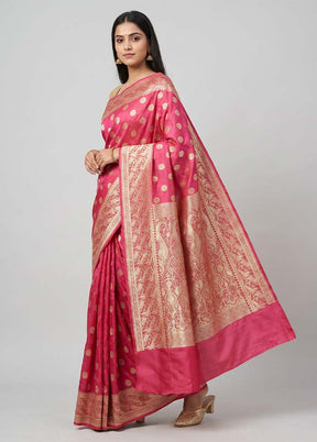 Pink Handloom Banarasi Pure Silk Saree With Blouse Piece