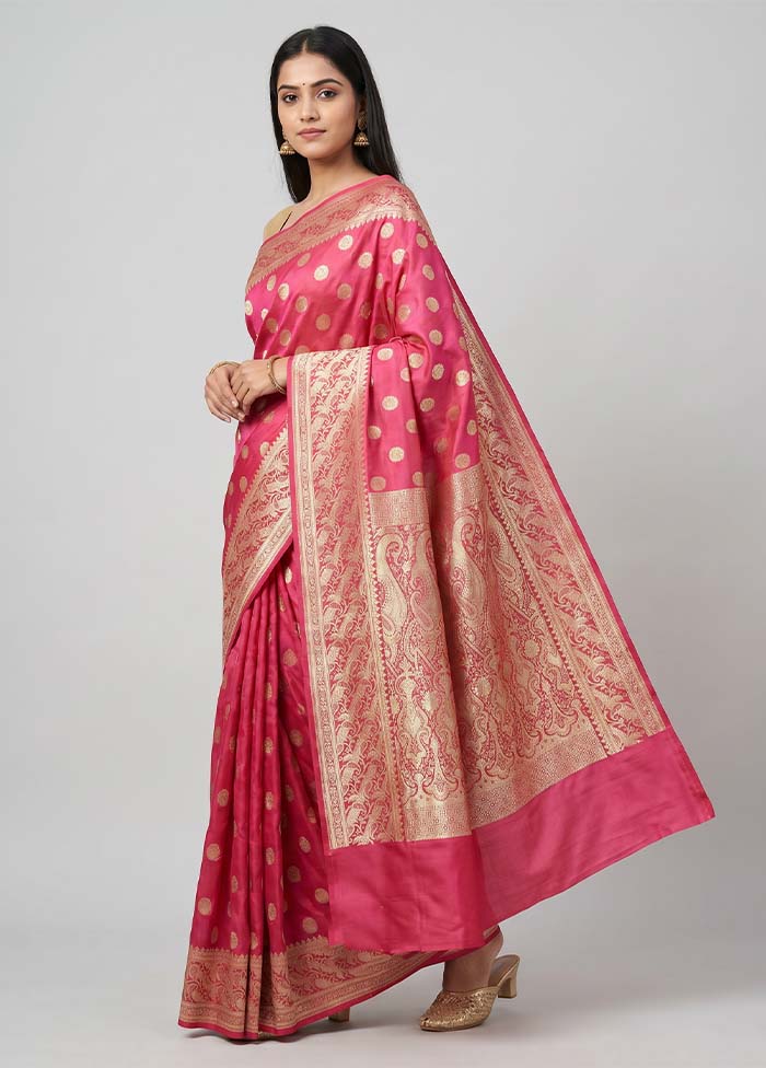 Pink Handloom Banarasi Pure Silk Saree With Blouse Piece